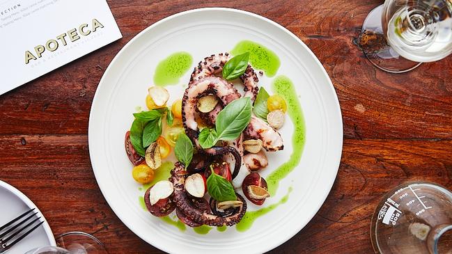 Apoteca Grilled octopus, cherry tomato and garlic chips. Picture: Brendan Homan