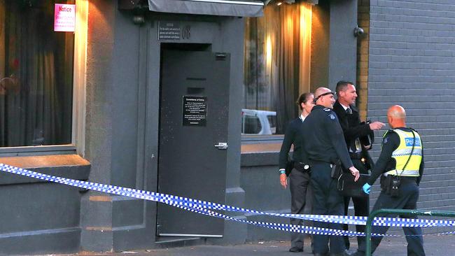 Police outside a strip club in Cecil Street South Melbourne where a drive by shooting occured early this morning.Picture:Ian Currie