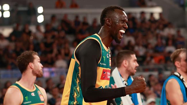 MELBOURNE, AUSTRALIA – MARCH 31: Majok Deng of the JackJumpers reacts during game five of the NBL Championship Grand Final Series between Melbourne United and Tasmania JackJumpers at John Cain Arena, on March 31, 2024, in Melbourne, Australia. (Photo by Kelly Defina/Getty Images)