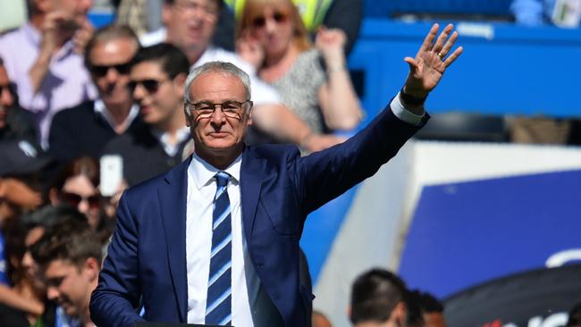 Leicester City's Italian manager Claudio Ranieri waving to fans.