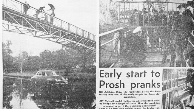 University students hanging an FJ Holden motor car from Adelaide University footbridge, as part of PROSH week stunt. Picture: A student publication from 1971.