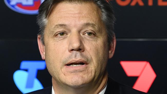 MELBOURNE, AUSTRALIA - SEPTEMBER 06: Seven Network CEO James Warburton speaks to the media during an AFL media opportunity at Marvel Stadium on September 06, 2022 in Melbourne, Australia. (Photo by Quinn Rooney/Getty Images)