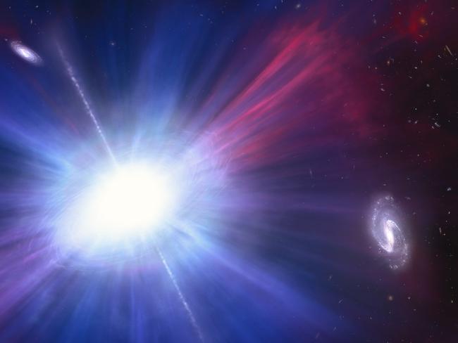 This is an artistâs concept of one of brightest explosions ever seen in space. Called a Luminous Fast Blue Optical Transient (LFBOT), it shines intensely in blue light and evolves rapidly, reaching peak brightness and fading again in a matter of days, unlike supernovae which take weeks or months to dim. Only a handful of previous LFBOTs have been discovered since 2018. And they all happen inside galaxies where stars are being born. But this illustration shows that Hubble discovered the LFBOT flash seen in 2023 happened between galaxies. This only compounds the mystery of what these transient events are. Because astronomers donât know the underling process behind LFBOTs, the explosion shown here is purely conjecture based on some known transient phenomenon.