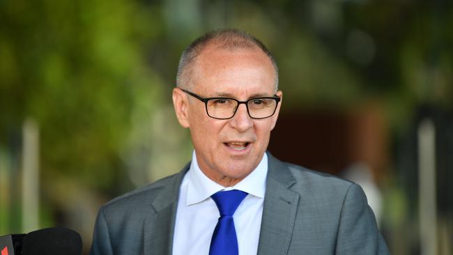 Former South Australian Premier Jay Weatherill speaks to the media outside the Adelaide Oval in Adelaide this morning.