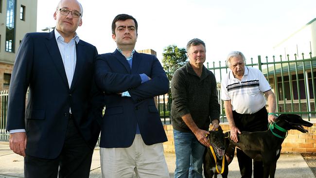 Opposition leader Luke Foley and MP Sam Dastyari at Wentworth Park with dog owners Tony Gannon and Les Horner.