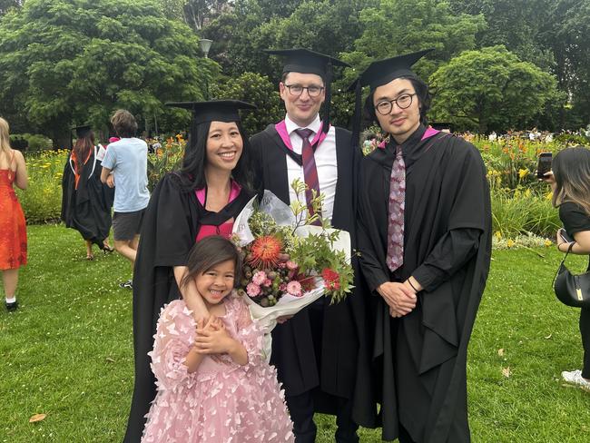 Kit Ming Fu, James Wallace, and Lok Ki Pun at the University of Melbourne's Faculty of Architecture, Building and Planning graduation ceremony at the Royal Exhibition Building on December 6, 2024. Picture: Harvey Constable