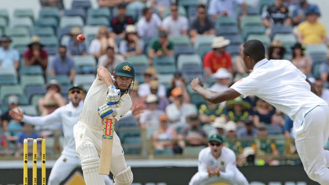 Australia's Shaun Marsh plays a shot off the bowling of South Africa's Kagiso Rabada