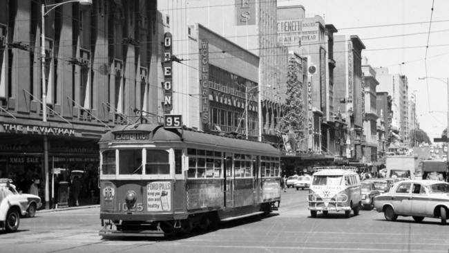 A W-class tram travelling east in Bourke Street on 1966. Picture: Smith, A. E. (State Library of Victoria)