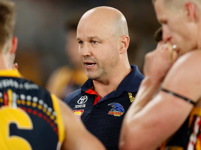 MELBOURNE, AUSTRALIA - JULY 10: Matthew Nicks, Senior Coach of the Crows addresses his players during the 2022 AFL Round 17 match between the Hawthorn Hawks and the Adelaide Crows at Marvel Stadium on July 10, 2022 in Melbourne, Australia. (Photo by Michael Willson/AFL Photos via Getty Images)