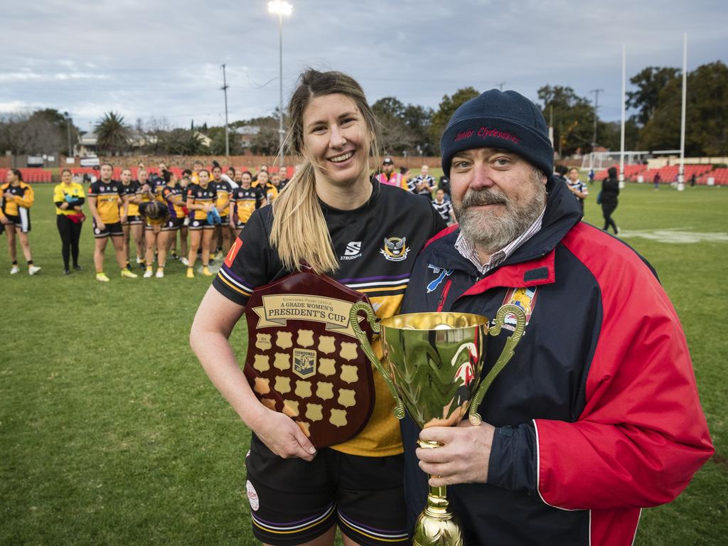 Gatton captain Kimberley Dore with TRL President Joe Hannant after the win against Oakey. Picture: Kevin Farmer.