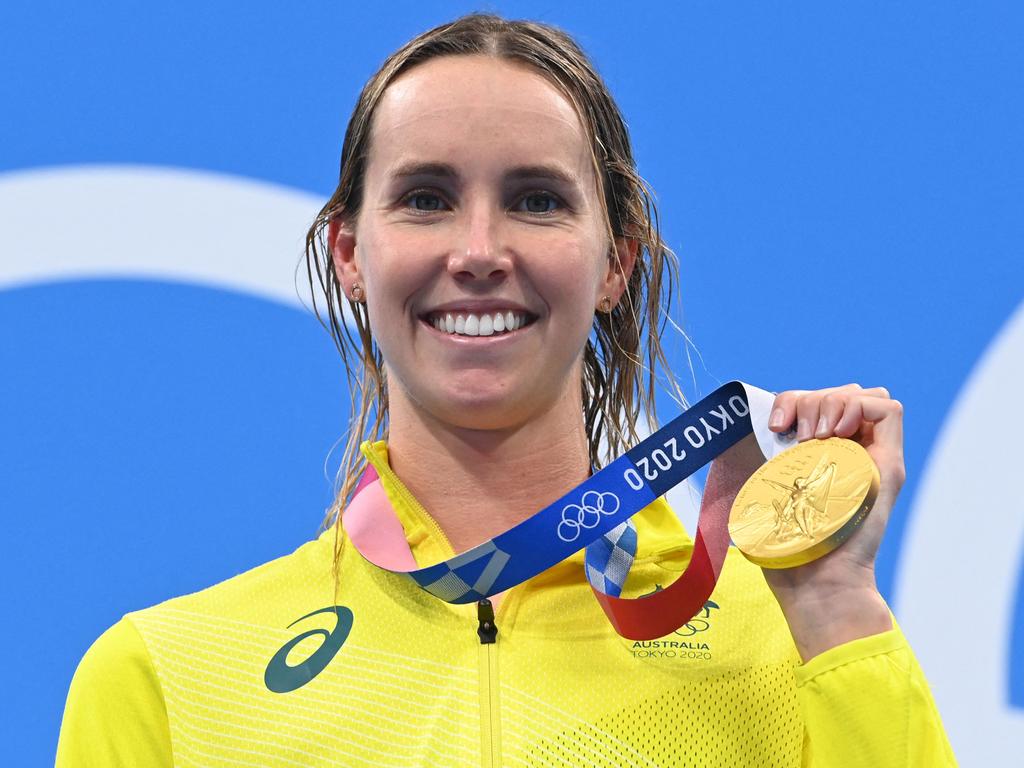 Emma McKeon with one of her five Olympic gold medals. Picture: Attila Kisbenedek/AFP