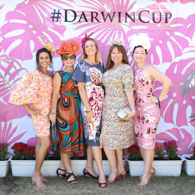 Sandy Hair, Michelle Lumsden, Lisa Dewsury, Karen Pfitzer and Lauren Warthold at the 2021 Great Northern Darwin Cup. Picture: Glenn Campbell