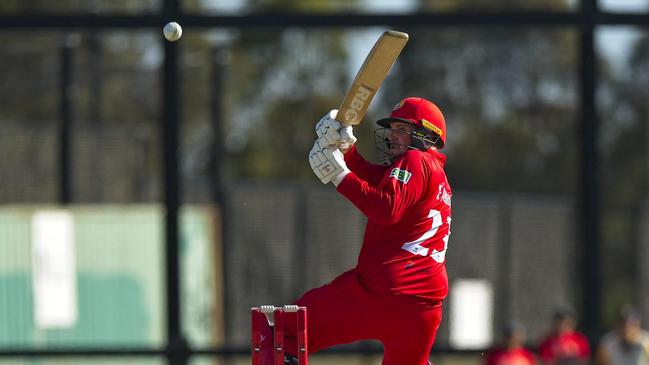 Comeback batsman Luke Manders on the attack for the Swans. Pic: Chris Thomas