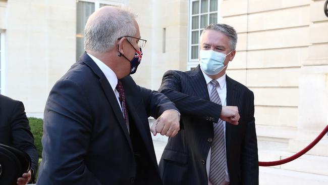 Prime Minister Scott Morrison attends a working breakfast with the Hon Mathias Cormann, Secretary-General of the Organisation for Economic Co-operation and Development in Paris. Picture: Adam Taylor/PMO