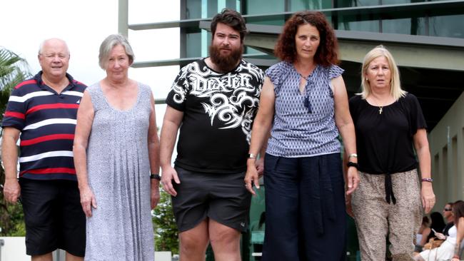 Russell Larsen, Kerrie Larsen, Aaron Seibel, Paula Seibel and Lorene Bullivant. Family and friends of Ian Seibel, who was died following injuries sustained in a Kallangur car crash on November 1.