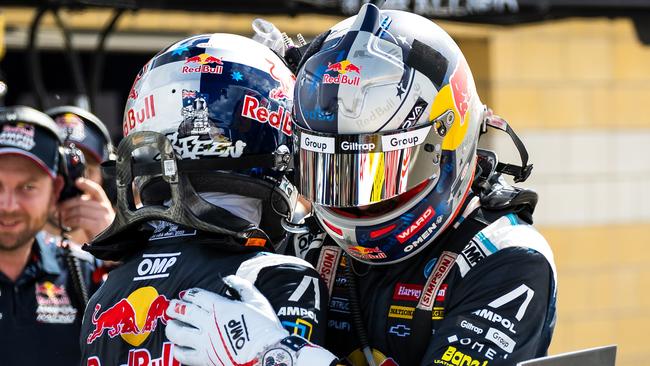 Broc Feeney (left) celebrates with Shane van Gisbergen after their one-two finsh. Picture: Getty Images