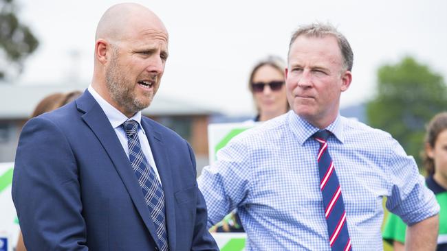 Football Tasmania CEO Matt Bulkeley, left, and Premier Will Hodgman at Bellerive Primary School for the Women’s World Cup announcement. Picture: RICHARD JUPE