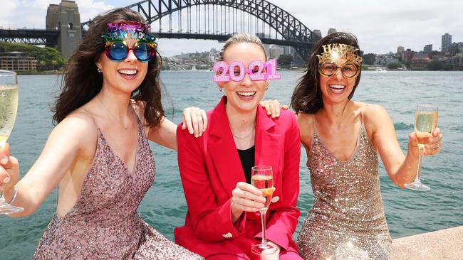 Alex Simms, Elly Vindin and Lauren Ritchie at The Opera Bar in Circular Quay ahead of New Years Eve. Picture: Rohan Kelly