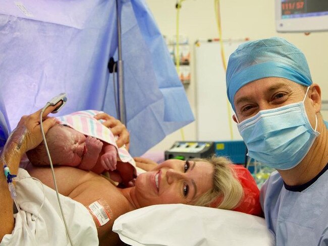An ‘over-the-moon’ Grant Denyer with wife Chezzi and their new baby girl Sunday Mary Mae Denyer. Picture: Instagram