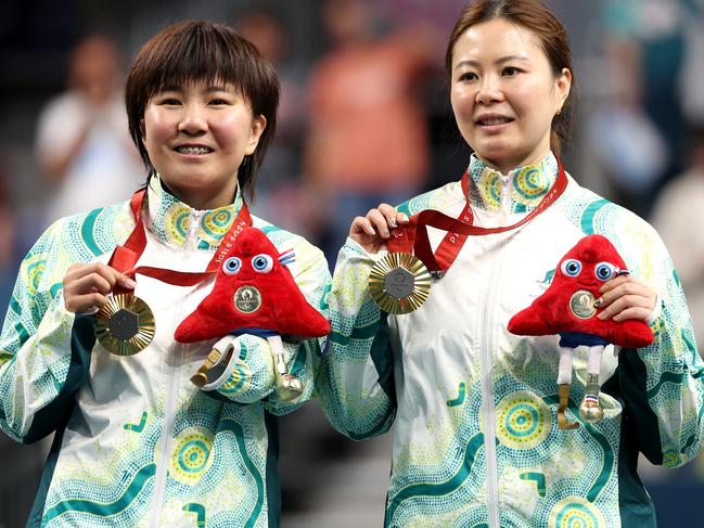 Lei Lina and Qian Yang are all smiles with their gold medals. Picture: Getty Images