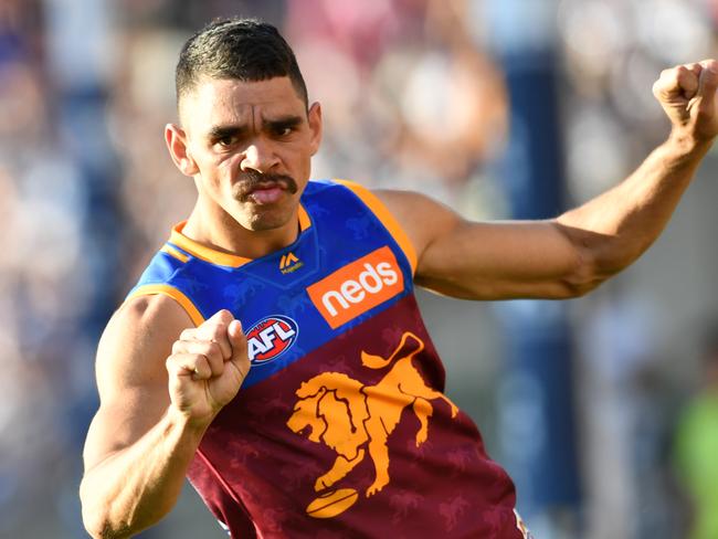 Charlie Cameron of the Lions celebrates kicking a goal during the Round 22 AFL match between the Brisbane Lions and the Geelong Cats at the Gabba in Brisbane, Saturday, August 17, 2019.  (AAP Image/Darren England) NO ARCHIVING, EDITORIAL USE ONLY