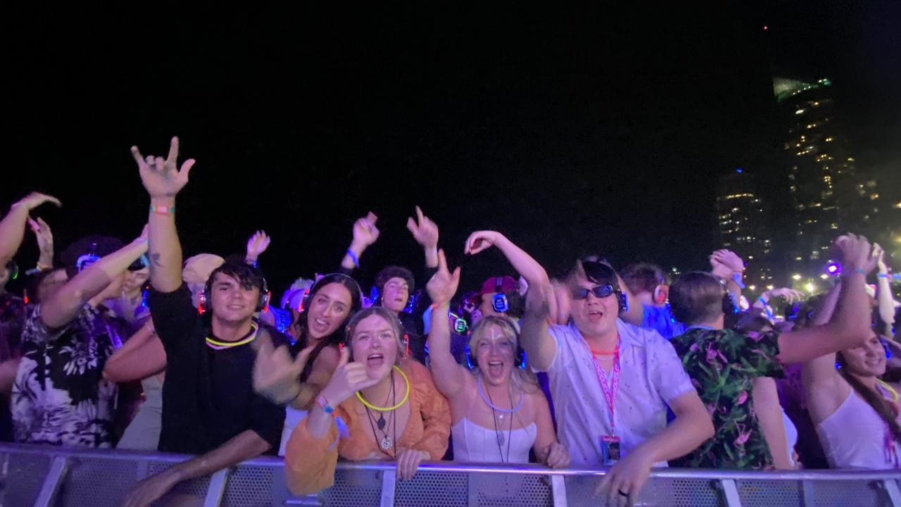 Schoolies celebrating at a Silent Disco in Surfers Paradise.