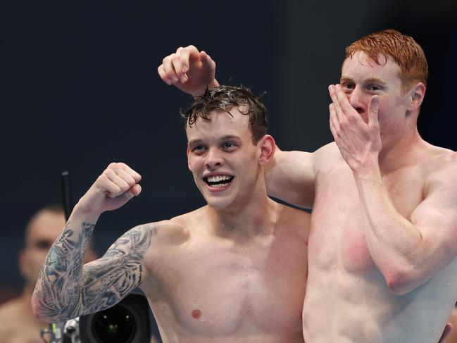 Matthew Richards and Tom Dean were left blushing in an interview following their gold medal win in the 4 x 200m freestyle relay. Picture: Tom Pennington/Getty Images