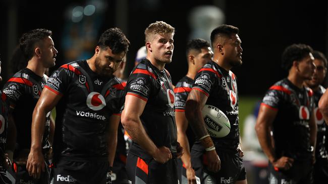 The Warriors lead with seven minutes to go but couldn’t halt the Sharks late run. Picture: Getty Images.