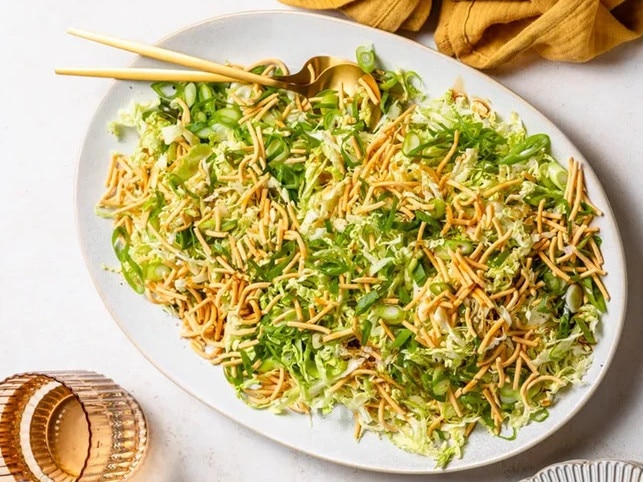 Asian noodle salad: For the dressing, all you need is white vinegar, sugar, soy sauce, sesame oil and olive oil â or there is a Changâs premade version you can buy.