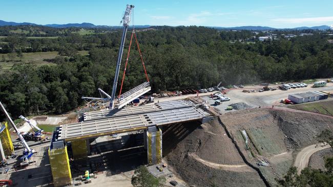 Girders being installed on the Curra bridge section of the bypass. Picture: TMR.