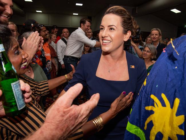 Country Liberal Party leader Lia Finocchiaro arrives to cheers after her party's 2024 Northern Territory election win. Picture: Pema Tamang Pakhrin