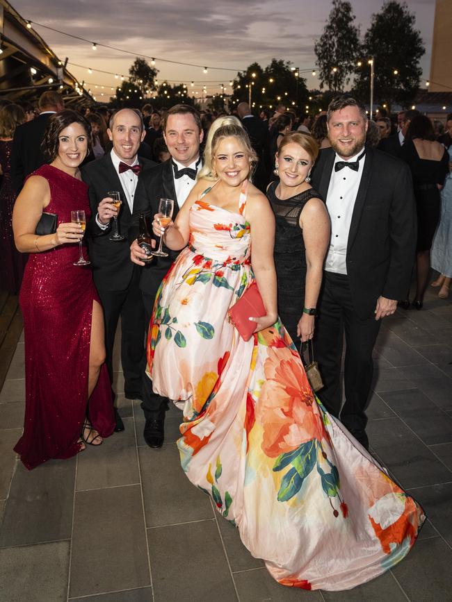 At LifeFlight Toowoomba Gala are (from left) Christina Barron, David Barron, LifeFlight doctor Dr Chris Jarvis, Emma Jarvis, Kristen Elliott and Dr Charles Elliott at The Goods Shed, Saturday, May 6, 2023. Picture: Kevin Farmer