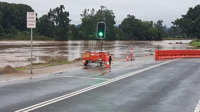 Flooding across Kyogle Road at Byangum on March 29, 2022. Picture: John Lysiak