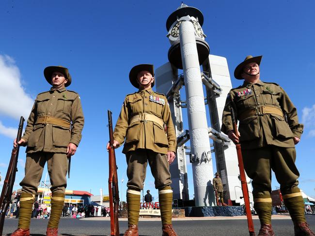 (L-R))Ulverstone RSL Memorial guard wearing WW1 uniforms(L-R) Peter Denholm, Wayne Binns and  Jeremy Bramich during the Ulverstone ANZAC service