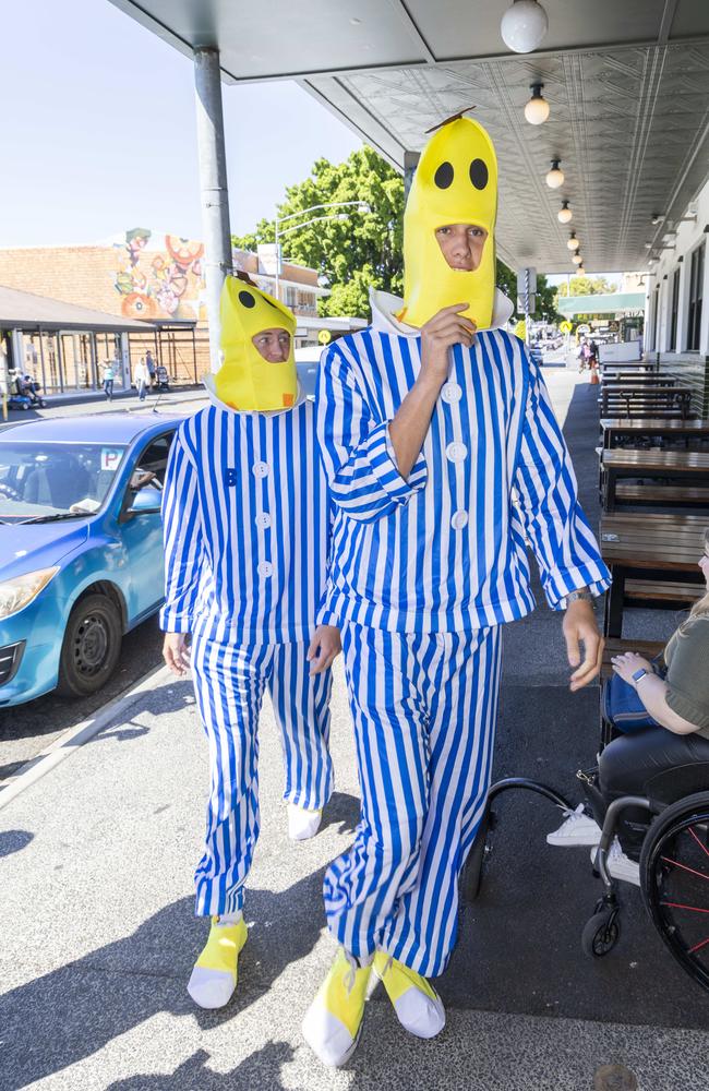 Brisbane Lions players Carter Michael and Henry Smith as the Bananas in Pyjamas. Picture: Richard Walker