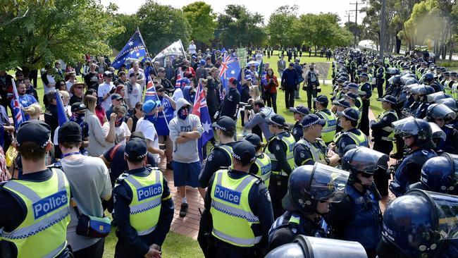 Police divide Anti-Islam protesters and Rally Against Racism protesters in Melton. Picture: Jason Edwards