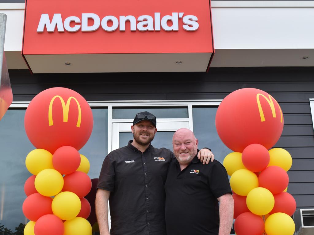 Triple M Mackay's Jay Shipton and Dave Peters spotted on Andergrove McDonald's opening day on April 22, 2022. Picture: Lillian Watkins