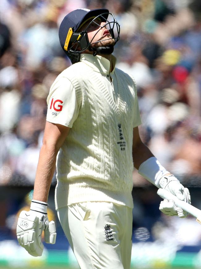 England's Ollie Robinson after his dismissal on Tuesday. Picture: AFP