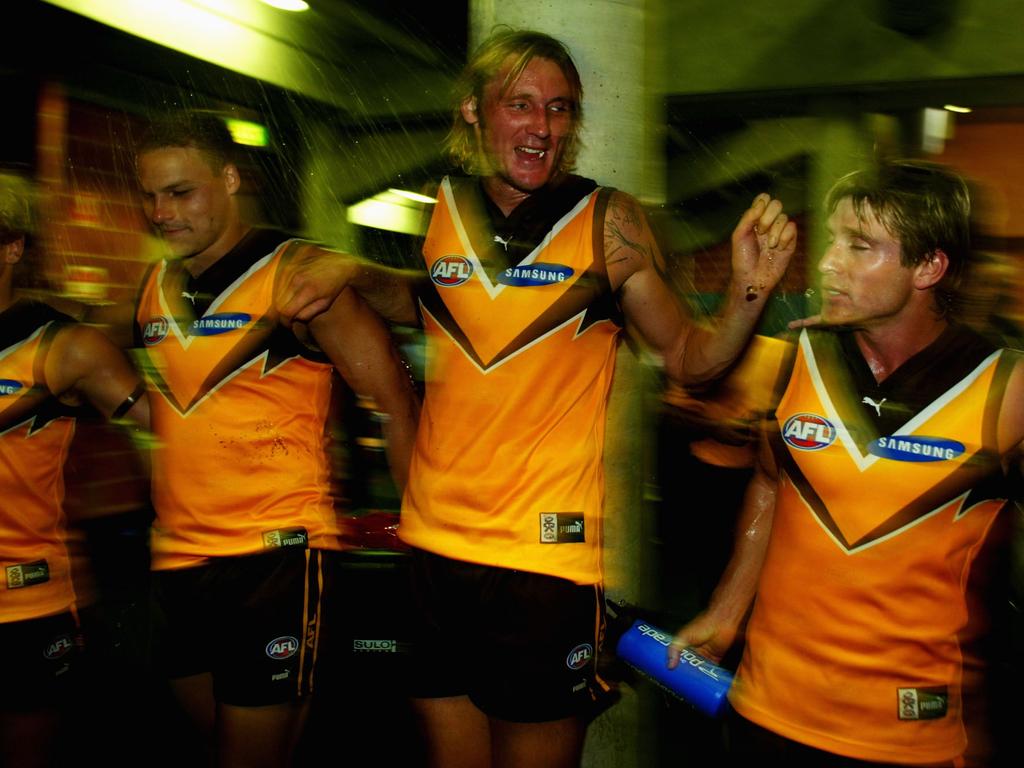 The Hawks in their 2003 pre-season guernsey. Picture: Getty Images