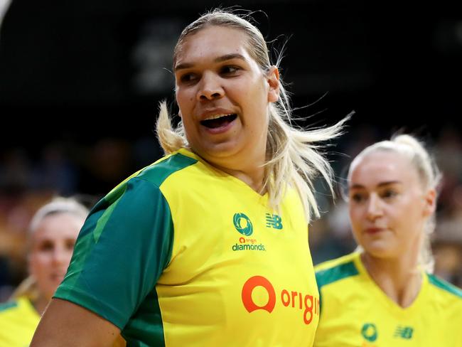 NEWCASTLE, AUSTRALIA - OCTOBER 26: Donnell Wallam of the Australia Diamonds warms up prior to the game one of the International Test series between the Australia Diamonds and England Roses at Newcastle Entertainment Centre on October 26, 2022 in Newcastle, Australia. (Photo by Brendon Thorne/Getty Images for Netball Australia)