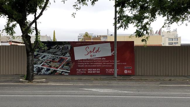 A sold sign on the New Mayfield site in Sturt St, Adelaide. Picture: Eugene Boisvert