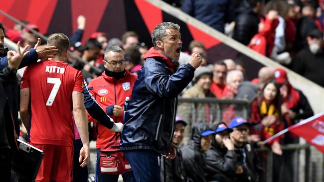 Adelaide United coach Marco Kurz reacts during the A-League elimination final match against Melbourne City at Coopers Stadium on Sunday. Picture: AAP Image/Sam Wundke