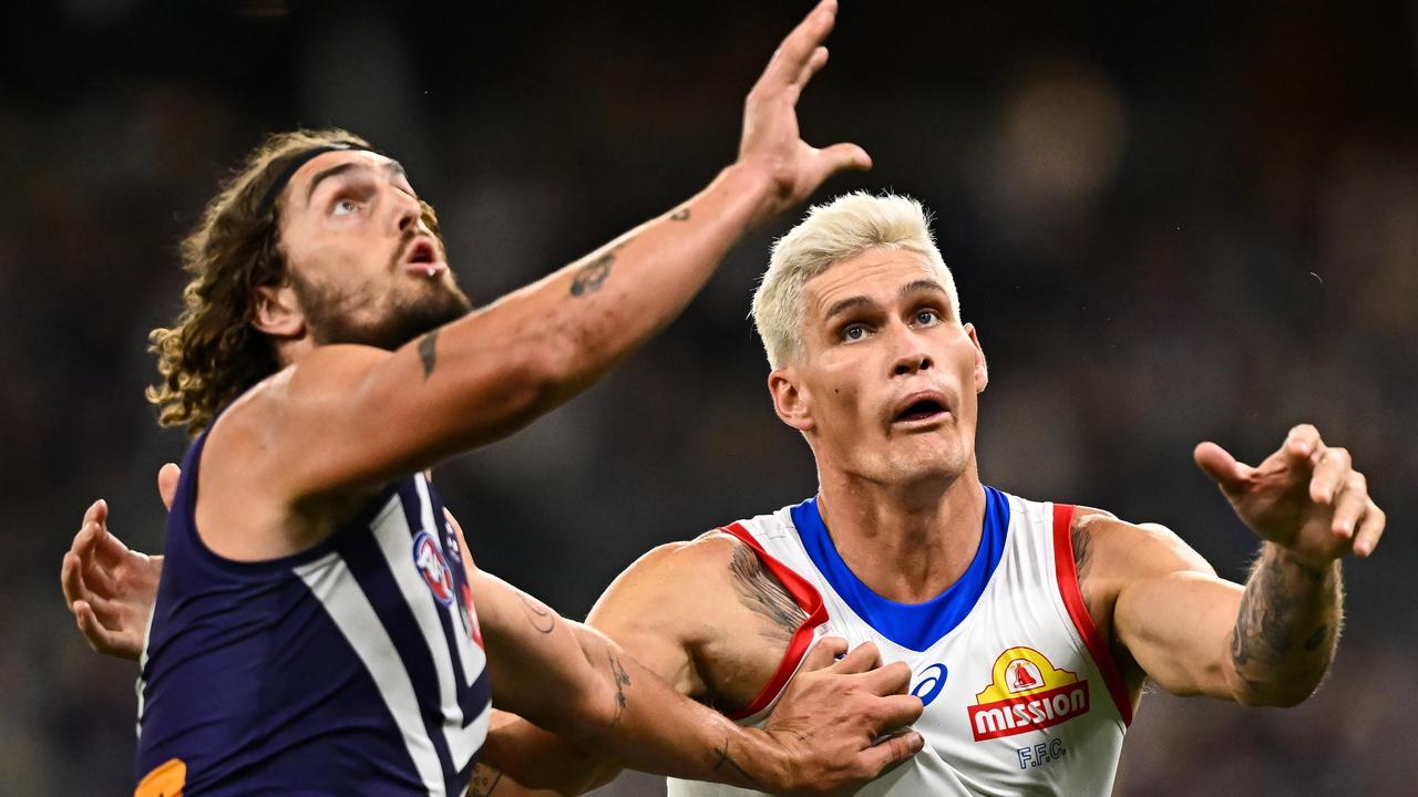 Rory Lobb (right) reportedly wants to leave the Dogs. (Photo by Daniel Carson/AFL Photos via Getty Images)