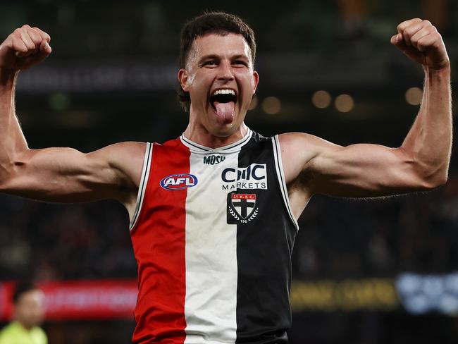 MELBOURNE, AUSTRALIA - August 19, 2023. AFL .   Rowan Marshall of the Saints celebrates a 4th quarter goal during the round 23 match between St Kilda and Geelong at Marvel Stadium in Melbourne, Australia.  Photo by Michael Klein.