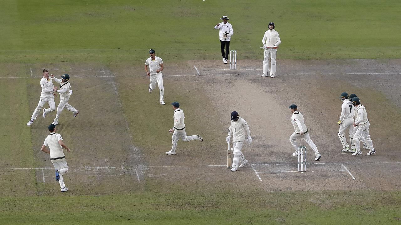 Marnus Labuschagne celebrates the wicket of Jack Leach late on day five at old Trafford.