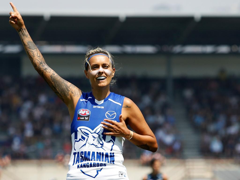 Moana Hope celebrates her first goal as a Kangaroo during the AFLW Round 1 match at North Hobart Oval. Picture: Adam Trafford/AFL Media/Getty Images