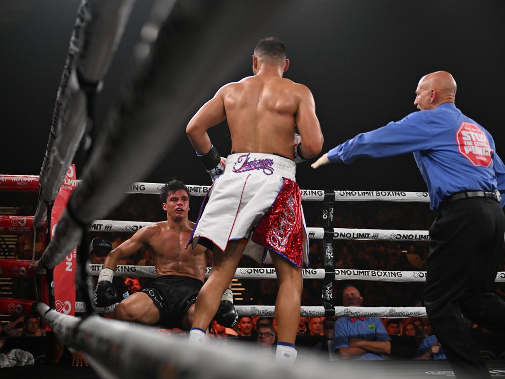 Keith Thurman knocks down Brock Jarvis at the No Limit boxing event at the Hordern Paviliion on March 12, 2025. Picture: Grant Trouville