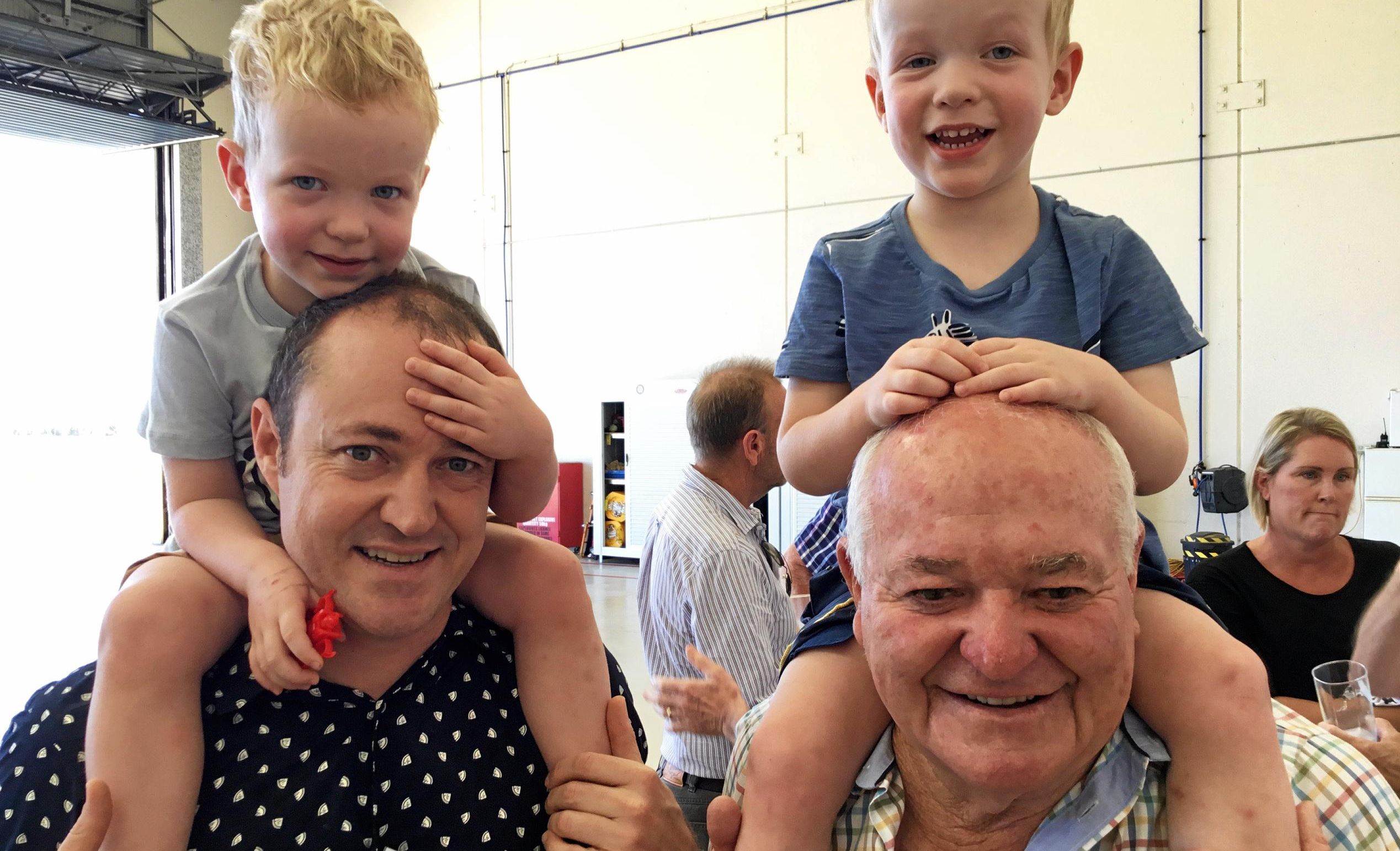 ?Tim Freeman and Bill Freeman with Oscar and Hugo at the RACQ LifeFlight Rescue Helicopter presentation morning at Sunshine Coast Airport. Picture: Erle Levey