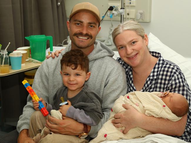 Maeve De Fogarty with parents Phoebe and Hayden and brother Luca Fogarty, 3, of Bannockburn. Born 20.3.25 weighing 2800g. Picture: Alison Wynd