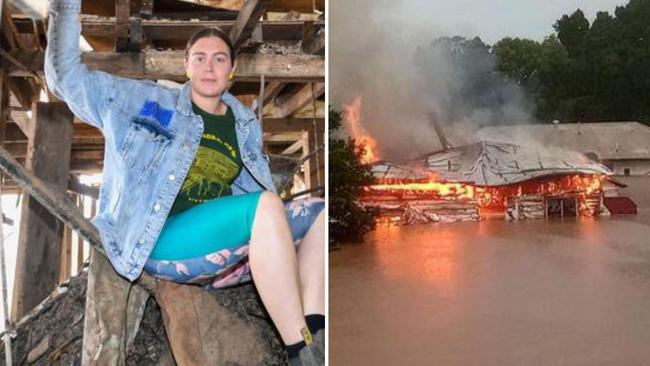 Rahima Jackson pictured next to her house in South Lismore that burned down during the February 2022 flood event.